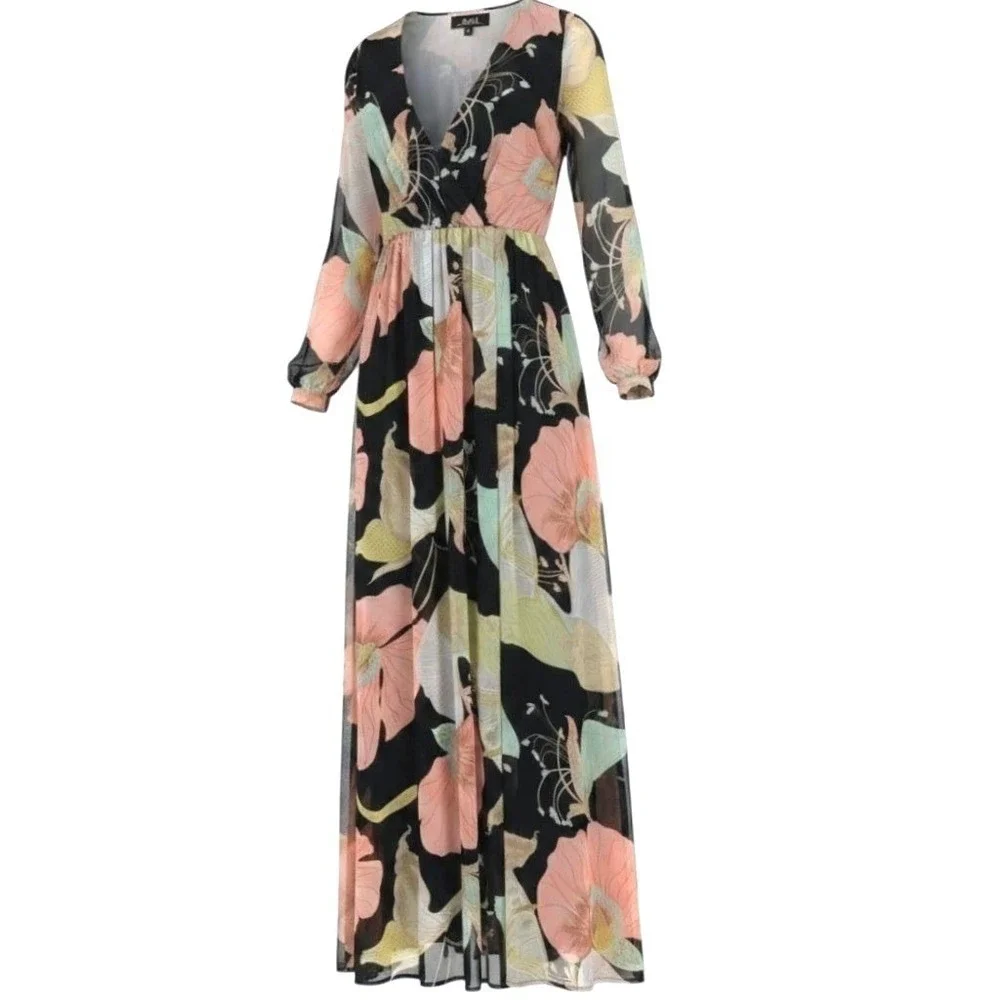 Lulus Black Floral Chiffon Water Lily Maxi Dress Old Hollywood Glam Whimsigoth S